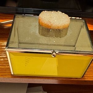 Yellow Glass & Metal Jewelry Box with Crystal Lid. Trimmed in Silver